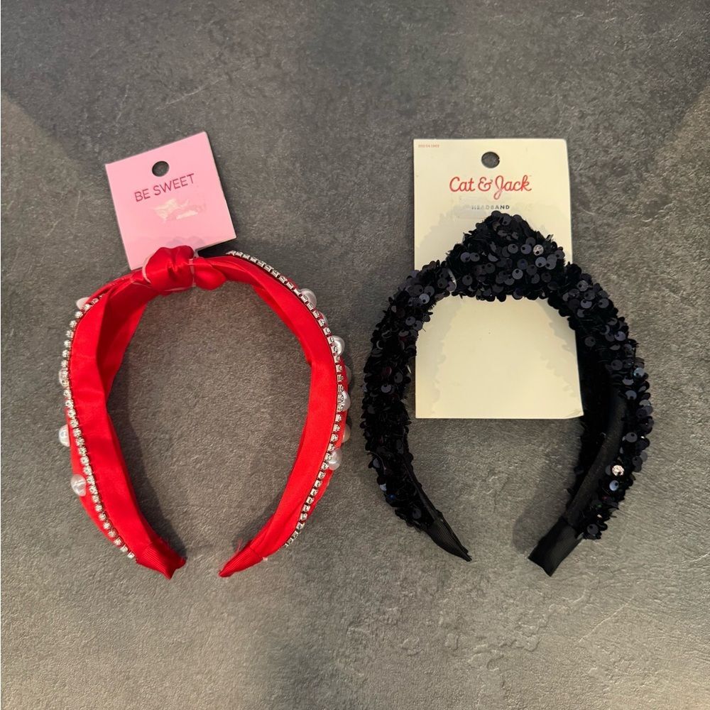 2 Embellished Headbands Black Sequins & Red Beaded NEW